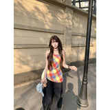 Sweet Babes Color Lattice Sling Vest Women Summer Niche Design Sense Irregular Waist Chic Outside To Wear Clothes