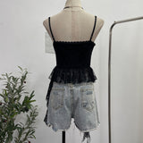 Real Shooting 2025 Summer New Women's Fashionable Lace Letter Print Sling Vest Ribbon Ribbon Ribbon Sleeveless Top 1193