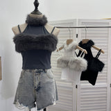 Small Version Of The Tight Hair Hanging Neck Splicing Sling Sling Vest Hottie Sexy Short Sleeveless Top 2800