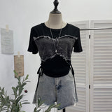 Fake Two Denim Hair Side Spliced Short-Sleeved T-Shirt Side-Swaist Lace With Short Repair Body Coat 26302