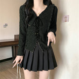 Sweet Babes V Tie With Long-Sleeved Knitted Shirt Girls Autumn New Wooden Ear Splicing Short Thin Niche Tops