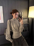 Design-Sensitive Gray Half-Necked Long-Sleeved T-Shirt Blouse Women's Spring 2026 New Korean Linen Shirt