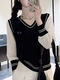 Vintage Mahjong Flower Short V-Neck Knitted Sweater Vest Vest Women Spring And Autumn Folding Over The Outside Of The College Style Top