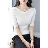 High-Grade Black Shoulder Round-Neck Short-Sleeved Knitted Shirt Women's New 2026 Summer Shoulder Ice Refresher Bottom Top