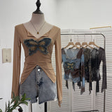 Real Shooting Pure Sexful V-Neck Umbilly T-Shirt Female Hairy Denim Butterfly Embroidered Mesh Yarn Long Sleeve Top 9996