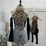 Real Shooting Leopard-Print Hair Hanging Neck High Shoulder Long-Sleeved T-Shirt Female Spliced Retro Hottie Short Top 2812-1