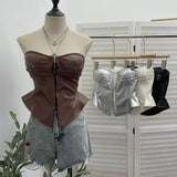 Real Shot With Chest Cushion Anti-Slip Bar Hottie Bosom Waist Pu Skin Hook Wrapped Breastless Top Woman 2785