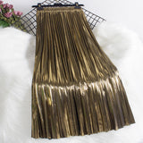 Metal Bright Reflective Skirt New Station High Waist Thin 100-Fold Skirt Mid-Long Half-Dress Woman