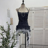 Real Shooting Wave Point Lace With Hanging Neck Sling Vest Splicing Lace Irregular Ribbon Mesh Sleeveless Top 16511