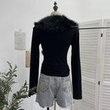 Millennial Hottie Hair Splicing Cross V Collar Long Sleeve T-Shirt Repair Bottom Grinding Short Top 23326