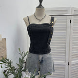 Spice Girls Slanted Shoulder Jeans Slings Vests Women Wearing Irregular Buckle Short Sleeveless Top 653