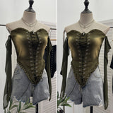 Hottie Sexy Tset Blouse Irregular Cowboy Splicing Mesh Yarn Tie With Short T-Shirt 6105