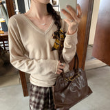 Loose Lazy Wind With V-Neck Long-Sleeved Wool Knitted Shirt Women Autumn Commute New Beautiful Top