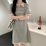 Striped POLO Collar Zipper Knitted Dress Women Summer Korean Loose Sweet And Lovely Design Short-Sleeved Skirt