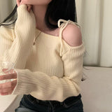 Sexy One-Word Collar Shoulder With Sweater Female Korean Version Of Autumn And Winter New Slim Short Knitted Shirt Top