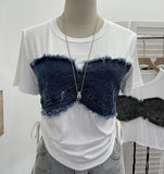 Fake Two Denim Hair Side Spliced Short-Sleeved T-Shirt Side-Swaist Lace With Short Repair Body Coat 26302