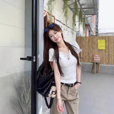 Large-Size Strapped V-Necked Shoulder Short-Sleeved T-Shirt For Women's Summer Sweet Spicy Breeze Slim Slim Slim Design Short-Sized Top