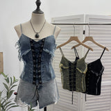 Real Shooting Cowboy Draw Rope Tie With Chest Vest Hair Side To Make Old Short Body Sleeveless Top Woman 2726