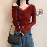Lace Fashion New Splicing V-Neck 2025 Coat Bow Tie With Waist-Up Small Jersey Knitwear