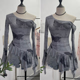 Tie Tie Net Yarn Oblique Shoulder Babes Sexy Body-On-Sleeve Horn Irregular Top 9955