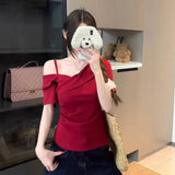 Red Shoulder Oblique Shoulder Short Sleeve T-Shirt 2026 Summer Large Fat Mm Thinch Waist Unique Beautiful Top