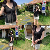Ultra-Fire Age Reduction Black High-Waist Wave Point V Tie With Short-Sleeved T-Shirt For Women's Summer 2026 New High-End Small-Funded Top
