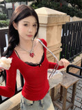 Pure-Style Sexy Hot Girl Square Collar Hollow Knitted Jersey Design Folded Lace Slings Inside The Top