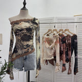 Real Shooting Lace Splicing Oblique Shoulder Thin Tie-Dye Mesh T-Shirt Girl T-Shirt T-Shirt Shawl T-Shirt 9986