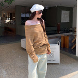 Autumn Lazy Wind Shoulder-Slanted Shoulder Long-Sleeved Knitted Shirt Woman 2025 New Korean Atmosphere Wearing A Small Top