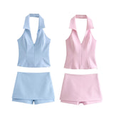 2025 Summer New Women's V-Neck Sexy Leak Back Hanging Neck Small Top Casing Trousers Set 2796777