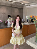 French Sweet Mashed Flower Bubble Short Sleeve Sexy V-Neck Dress Women Summer Pure Want To Close The Waist Thin Hot Girl A Short Skirt
