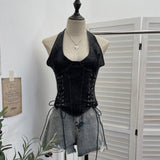 Real Shooting Cowboy Hanging Neck Sling Vest Punk Hollow Strap Y2k Hottie Sleeveless Short Repair Body Dress 835