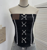 Vintage Sexy Water Wash Denim Pocket Spliced Lace Bra Design Without Strap Vest 2753