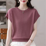 2026 Round Collar Summer New Large Size Women's Loose Knitted Shirt Short-Sleeved Fat Mm Thin Top