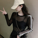 Purely Chic Unique Hottie Sexy Mesh Stripe Spliced Long Sleeve Sunscreen Shirt Design Sense Of Niche Top Woman