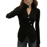 Pure Desire And Thin V-Neck Sweater Cross A4 Waist Repair Open Fork Knitted Long Sleeves Top