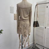 Real Shooting Waste Soil Wading Lotus Leaf Side Tuxeds A Word Shoulder Grinding To Make Old Long-Sleeved Bag Hip Dress 9627