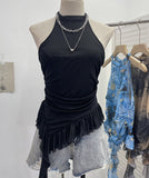 Trend Irregular Hanging Neck Dyeing Net Yarn Vest Lotus Side Ribbon Short Sleeveless Top 9969