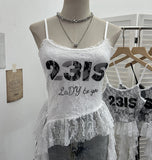 Real Shooting Lace Sling Vest Irregular Ribbon Hot Wear Print Short-Sleeved Top 1193