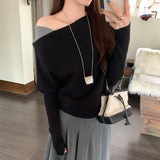 Great-Looking Light Temperament Slanted Shoulder Long-Sleeved Knitted Shirt Woman 2025 New Texture Early Autumn Design Feel Top