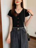 Summer New Korean Button Design Short-Sleeved Set Thin Knit T-Shirt Girl Skinny Umbilled Short Top