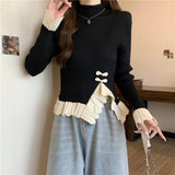 New Chinese Fake Two Knitted Shirt Women Autumn And Winter Explosion Black Turtleneck Inside The Bottom Shirt Design Top