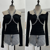 Real Shooting Heavy Industry Drill Hanging Neck With A Word Shoulder Long-Sleeved Top Repair Slim Short-Bottomed T-Shirt
