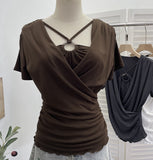 Real Shooting Cross-Design Hanging Neck Beads Folded Emptiness T-Shirts For Women's Sense Of Fake Two-Piece Top 27671