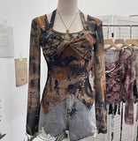 Single Special To The Net Yarn Design Sense Hanging Neck Top Cross Folded Repair Short T-Shirt 1178