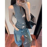 Spice Girl Round Collar Zipper Sleeveless Sling Vest Women's Summer 2025 New Fashion Slim Solid Color Top Tide