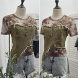 Real Shooting Guangzhou Women's Clothing Dizz-Dyed Net Yarn Splicing Edge To Make Old Denim Short-Sleeved T-Shirt Top 26171