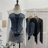 Sexy Square Collar Mesh Spliced Denim Strapped Belted Blouse Design With A Short T-Shirt 2230