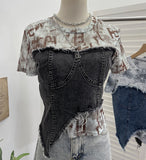 Stylish Denim Splicing Dizzy Mesh Yarn Short-Sleeved T-Shirt Girl Summer Body Short Small Blouse 26171