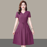 Middle-Middle-Age Women 2026 Summer New Gas Dress Short-Sleeved Temperament Pure Mother Dress Tie With Thin Waist
